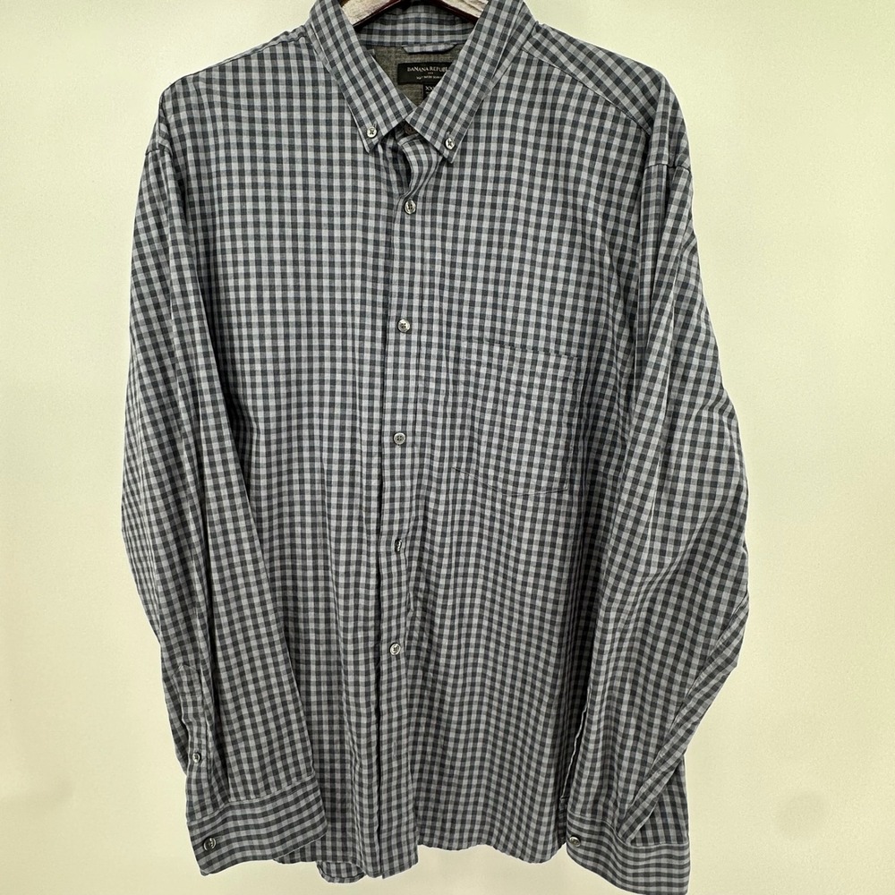 Banana Republic Soft Wash Slim Fit Shirt Mens XXL Grey Navy Gingham Check Cotton